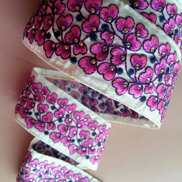 Beige Fabric Trim With Green / Orange / Fuchsia Pink Floral Embroidery, 58mm wide - 200317L454 / 55 / 56